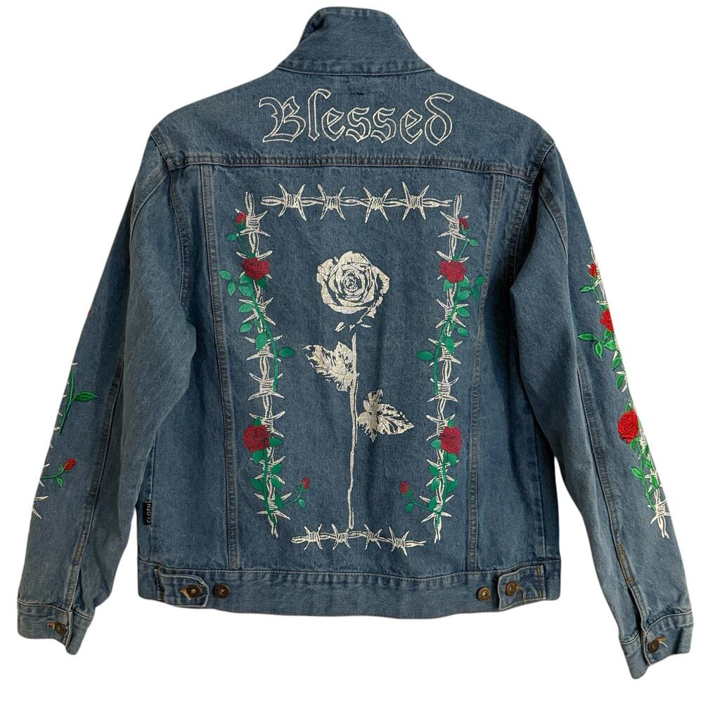 Trademark Brooklyn Cloth Jean Jacket M Blue Embroidered Streetwear Roses Blessed